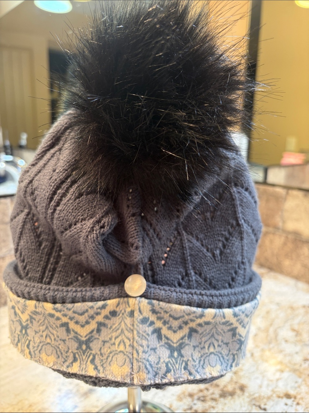 Pistil Blue Chevron Knit Beanie Faux Fur Pom Printed Underbrim Cuff